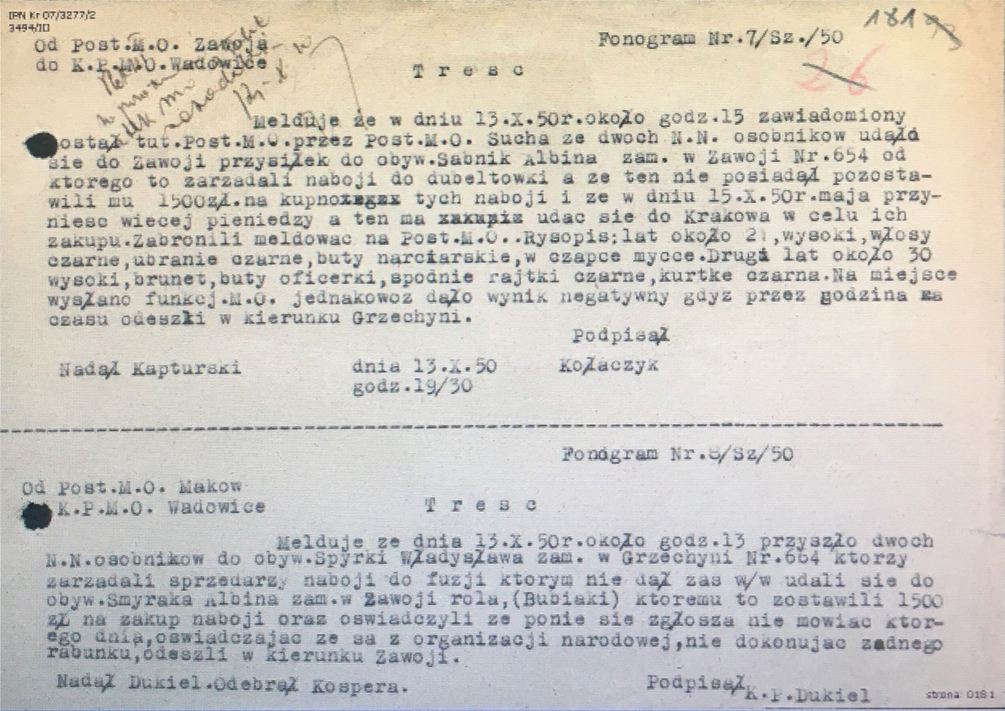 Obraz przedstawia raport z donosu Smyraka na członków NOB